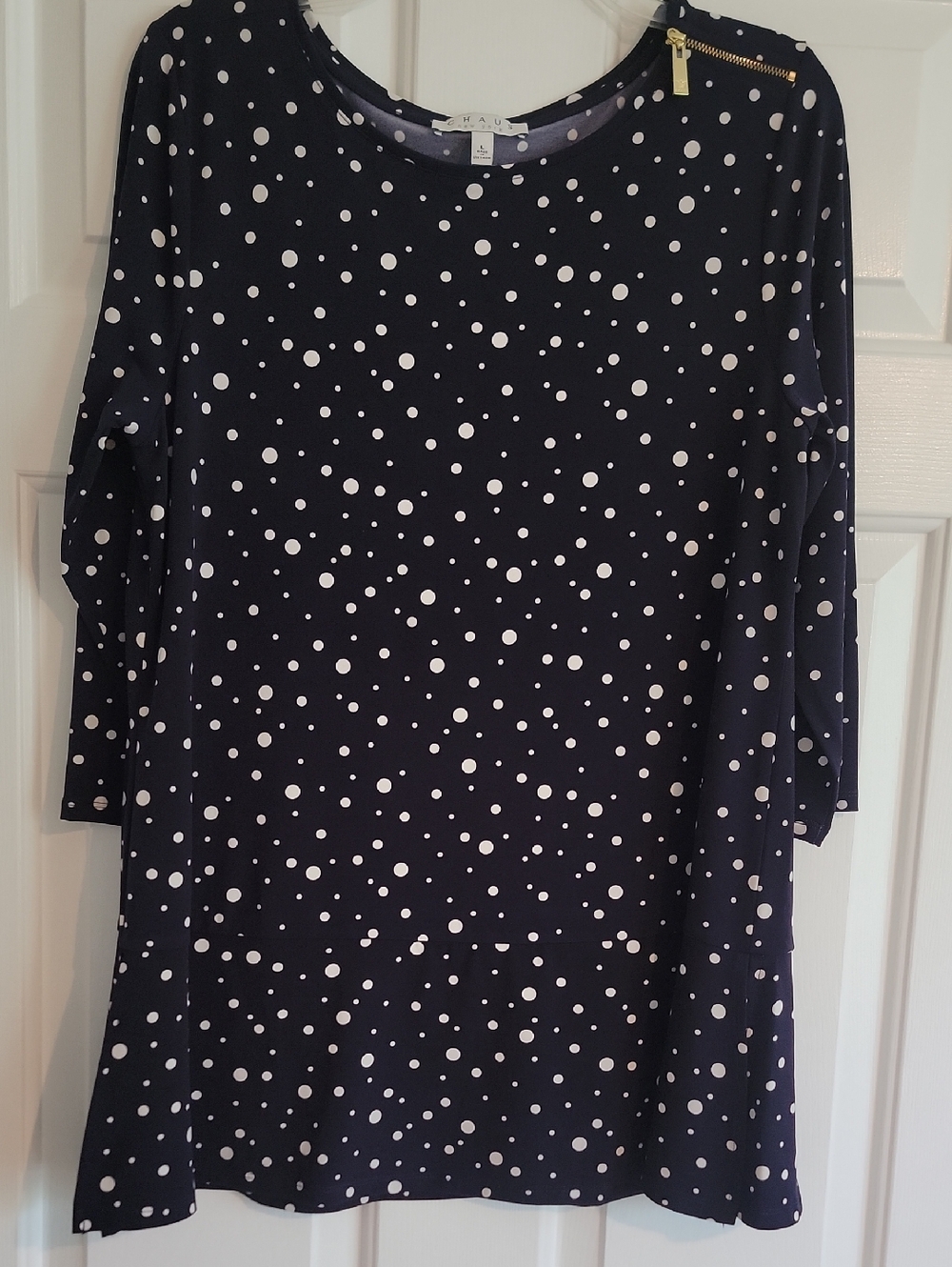 Chaus Navy and White Polka Dot 3/4 Sleeve Tunic with Gold Zip, Size L